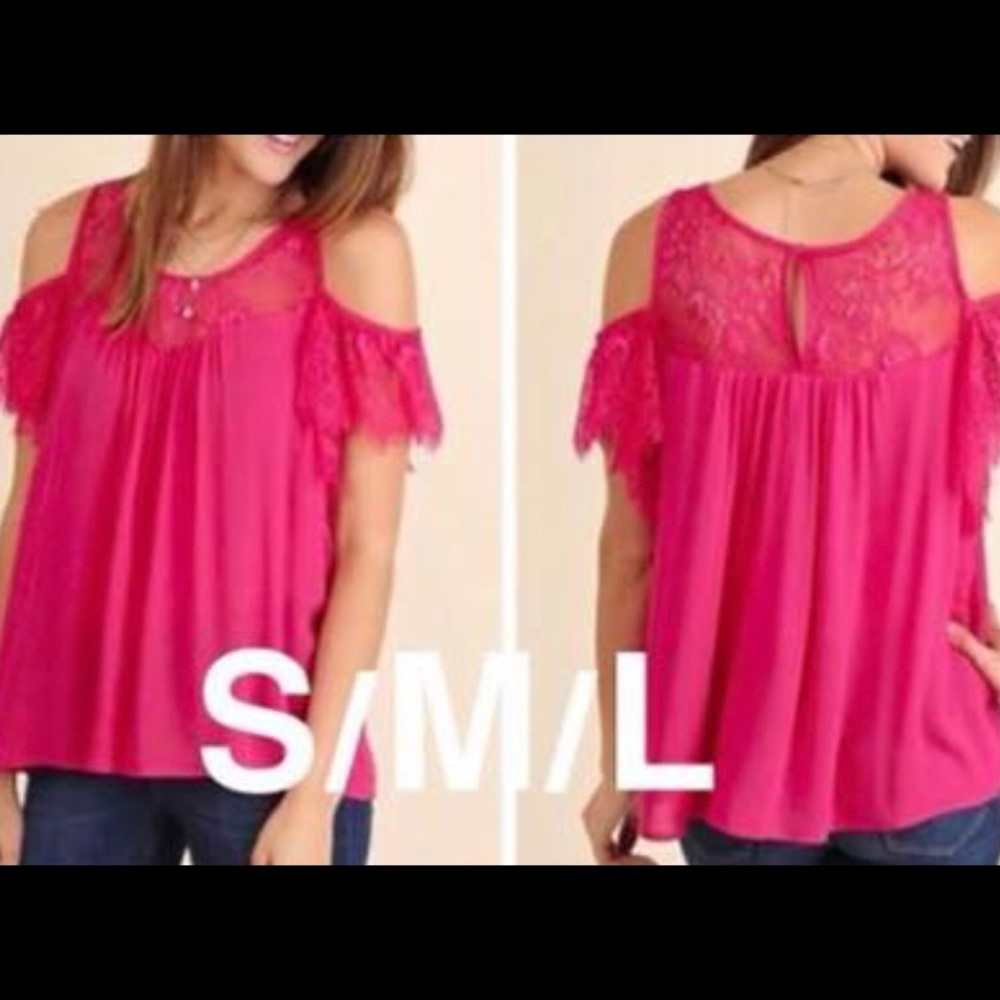 New Hot Pink lace cold shoulder tops
